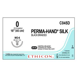 Perma-Hand Suture 0 8-18" Silk Braid MO-6 Black Bx