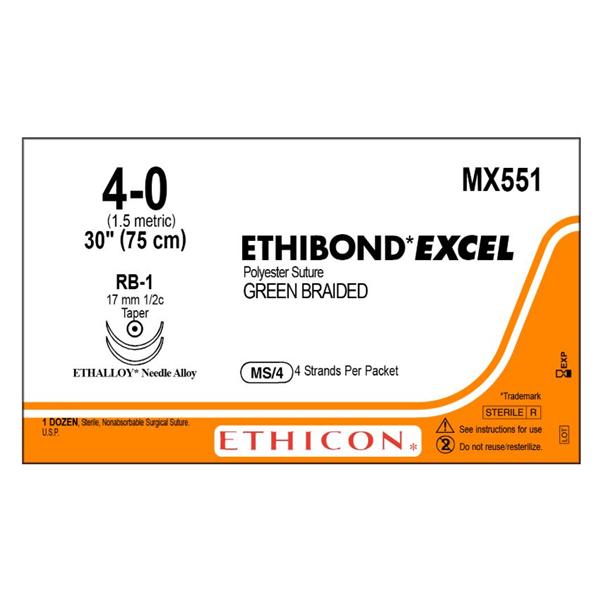 Ethibond Excel Suture 4-0 30" Polyester Braid RB-1 Green 12/Bx