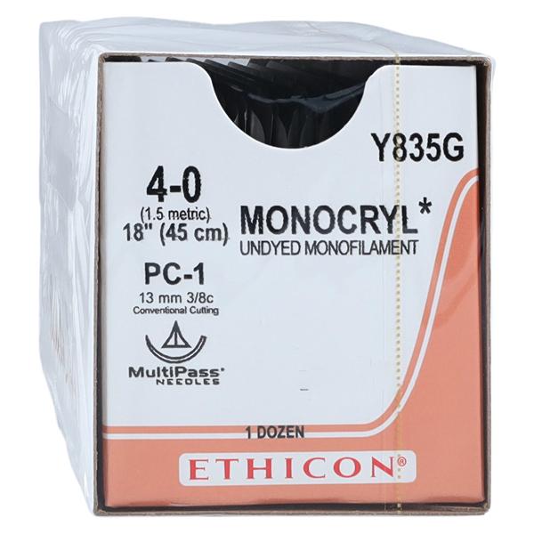 Monocryl Suture 4-0 18" Poliglecaprone 25 Monofilament PC-1 Undyed 12/Bx