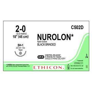 Nurolon Suture 2-0 8-18" Nylon Braid SH-1 Black Bx