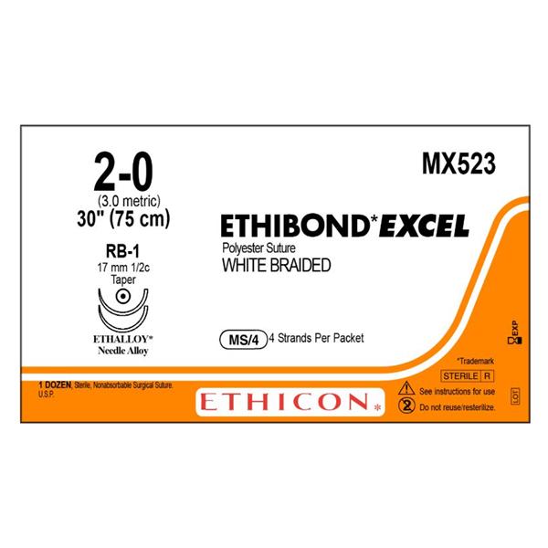 Ethibond Excel Suture 2-0 4-30" Polyester Braid RB-1 White Bx