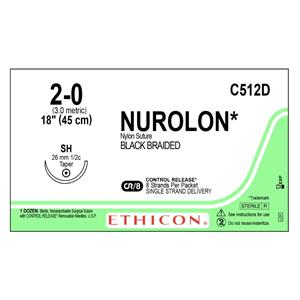 Nurolon Suture 2-0 8-18" Nylon Braid SH Black 12/Bx
