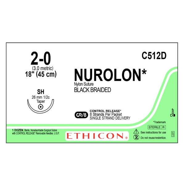 Nurolon Suture 2-0 8-18" Nylon Braid SH Black 12/Bx