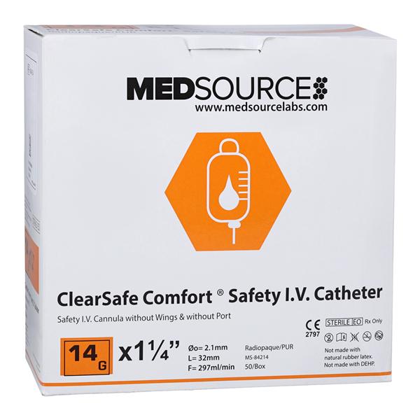 ClearSafe IV Catheter 14 Gauge 1-1/4" Gently Tapered Tip 1.25" Po...