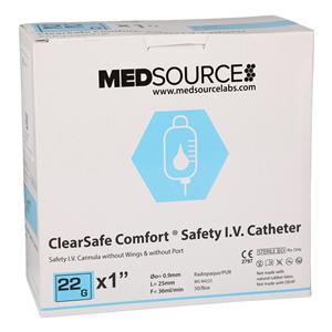 ClearSafe IV Catheter 22 Gauge 1" Gently Tapered Tip 1" Polyureth...