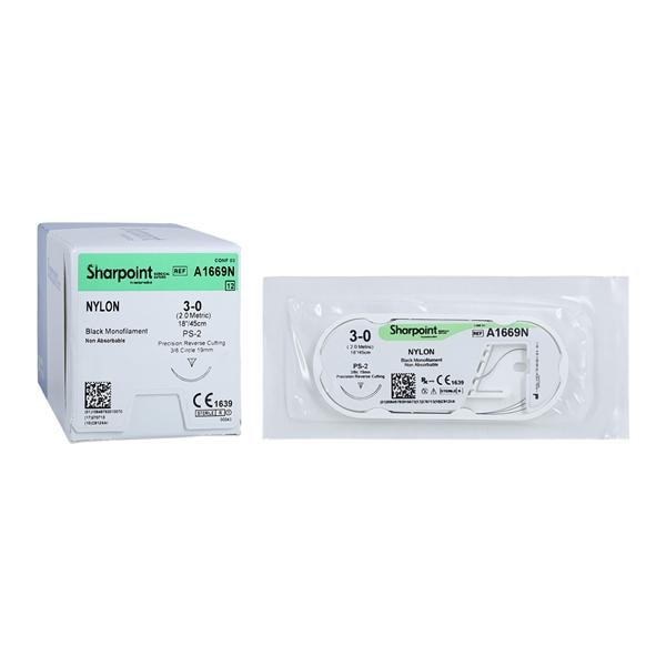 Sharpoint Plus Suture 3-0 18" Nylon Monofilament PS-2 Black 12/Bx