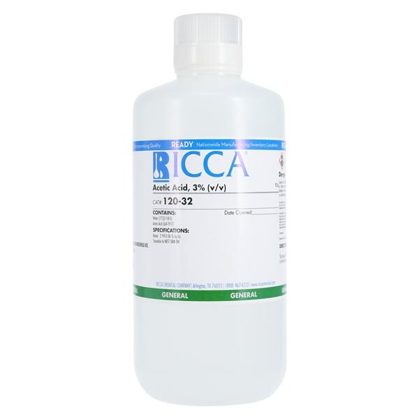 Acetic Acid Chemical Clear 3% 32oz Poly Bottle V/V Each