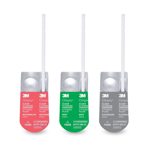 3M Clinpro Clear Fluoride Treatment Vrnsh UD 2.1% NaF 0.5 mL Asst Flvr 800/Pk
