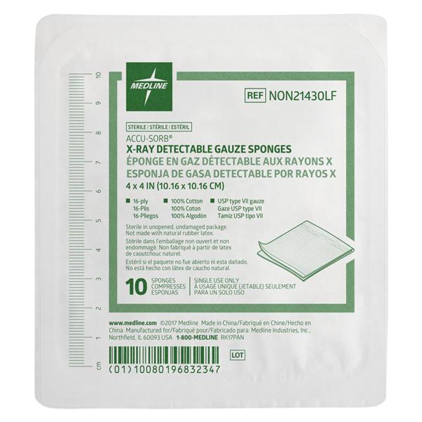 Cotton Gauze Sponge 4x4" 16 Ply Sterile X-Ray Detectable LF, 128 PK/CA