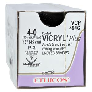 Vicryl Plus Suture 4-0 18" Triclosan/Polyglactin 910 Braid P-3 Undyed 12/Bx