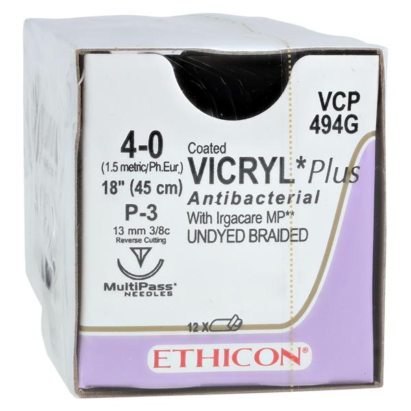 Vicryl Plus Suture 4-0 18" Triclosan/Polyglactin 910 Braid P-3 Undyed 12/Bx