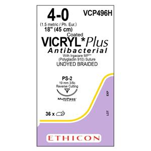 Vicryl Plus Suture 4-0 18" Triclosan/Polyglactin 910 Braid PS-2 Undyed 36/Bx