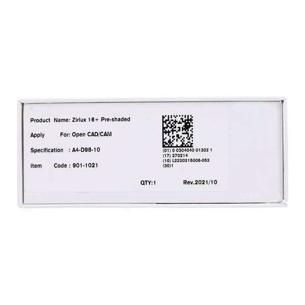 Zirlux 16+ Zirconia Disc A4 98x10mm Ea