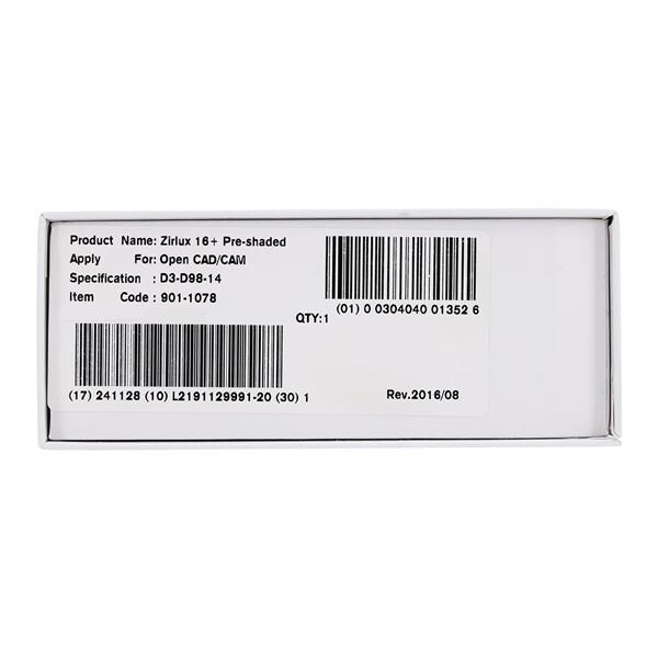 Zirlux 16+ Zirconia Disc D3 98x14mm Ea