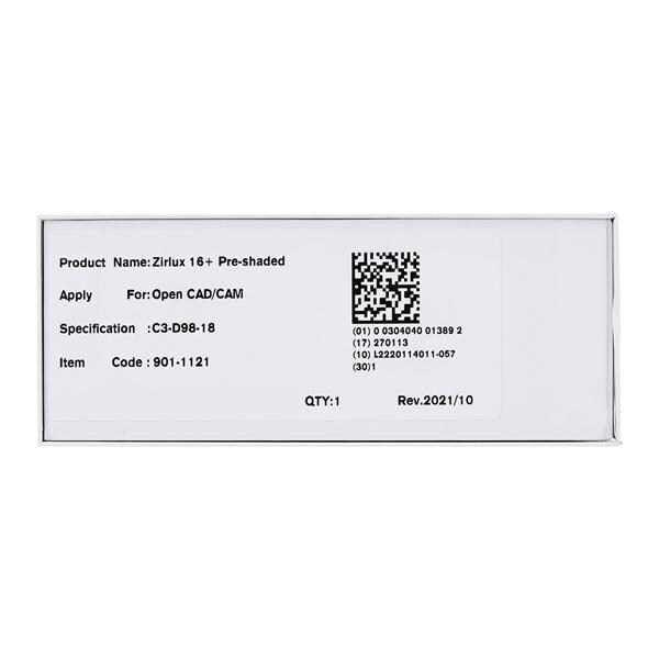 Zirlux 16+ Zirconia Disc C3 98x18mm Ea