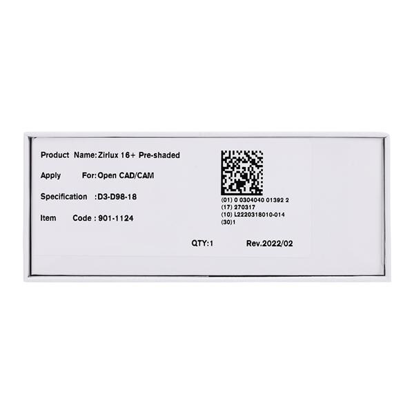 Zirlux 16+ Zirconia Disc D3 98x18mm Ea