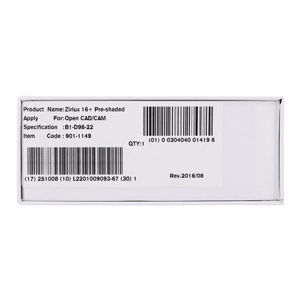 Zirlux 16+ Zirconia Disc B1 98x22mm Ea
