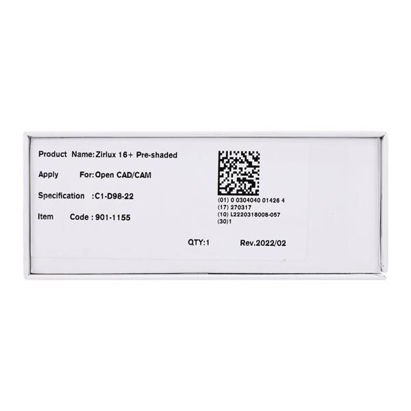 Zirlux 16+ Zirconia Disc C1 98x22mm Ea