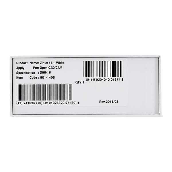 Zirlux 16+ Zirconia Disc White 98.5x16mm Ea