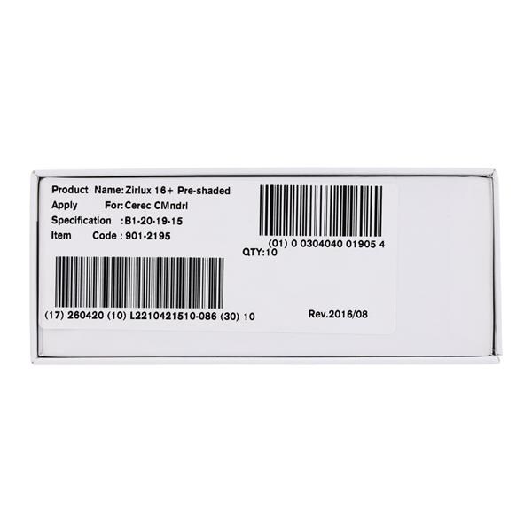 Zirlux 16+ Zirconia Block B1 20x19x15mm Ea