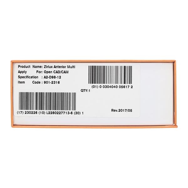 Zirlux Anterior Multi Zirconia Disc A2 98x12mm Ea