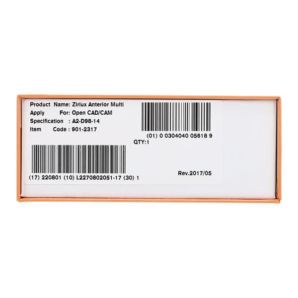 Zirlux Anterior Multi Zirconia Disc A2 98x14mm Ea