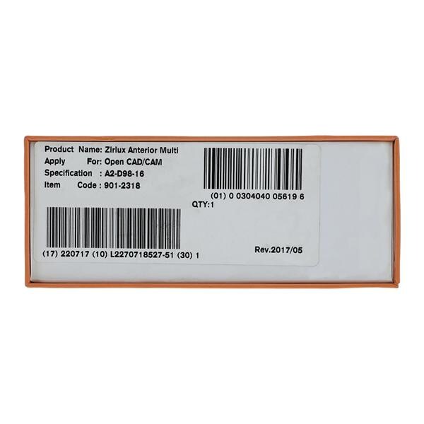 Zirlux Anterior Multi Zirconia Disc A2 98x16mm Ea