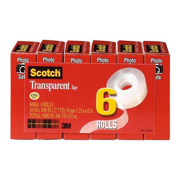 Scotch Clear Transparent Tape 1 in Core 3/4 in x 1000 in 6/Pack 6...