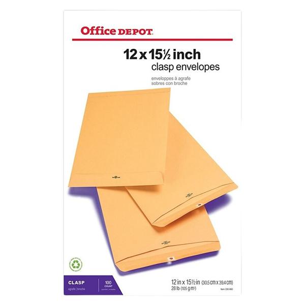 Clasp Envelopes 12 in x 15 1/2 in Brown 100/Box