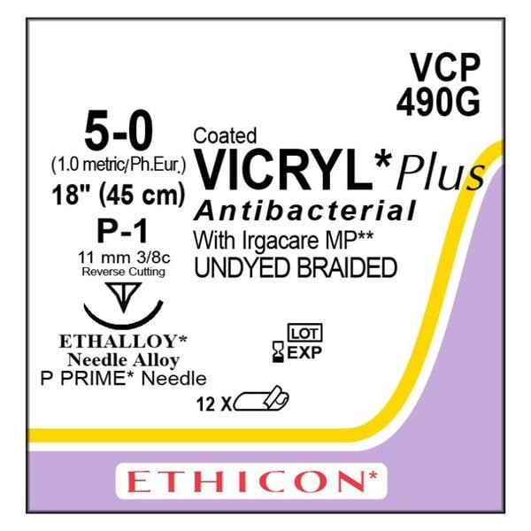 Vicryl Plus Suture 5-0 18" Triclosan/Polyglactin 910 Braid P-1 Undyed 12/Bx