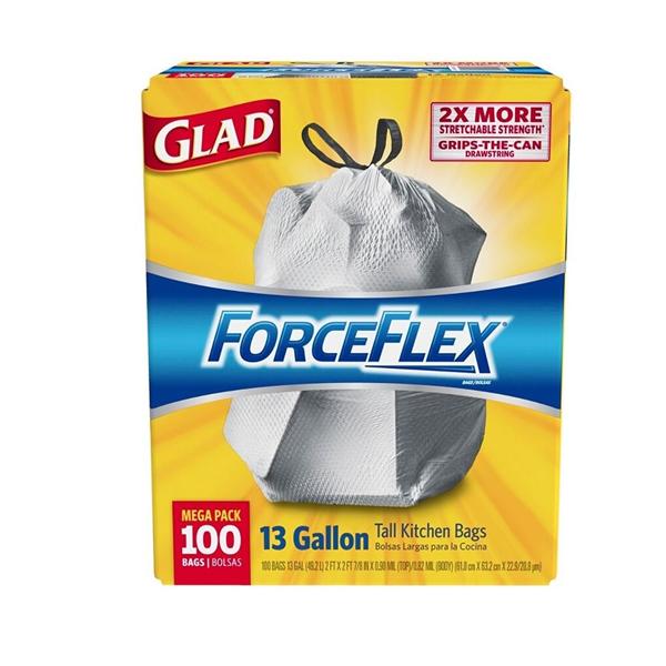 Glad ForceFlex Drawstring Trash Bags 13 Gallons White 100/Box