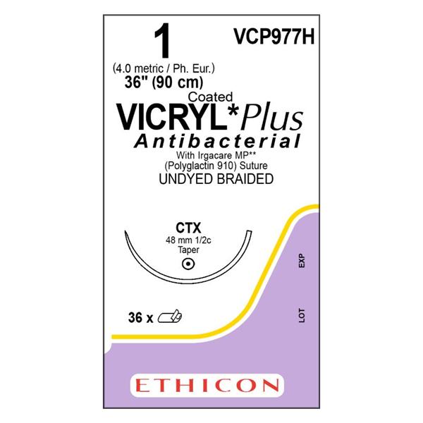 Coated Vicryl Plus Suture 1 36" Triclosan/Polyglactin 910 Braid CTX Undyed 36/Bx