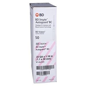Insyte Autoguard Blood Control Catheter Shielded 20 Gauge 1.16" Pink 50/Bx