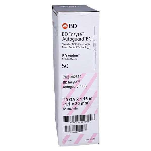 Insyte Autoguard Blood Control Catheter Shielded 20 Gauge 1.16" Pink 50/Bx