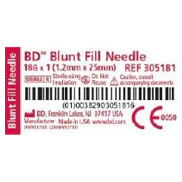 Hypodermic Needle 18gx1" Pink Blunt Fill 100/Bx, 10 BX/CA